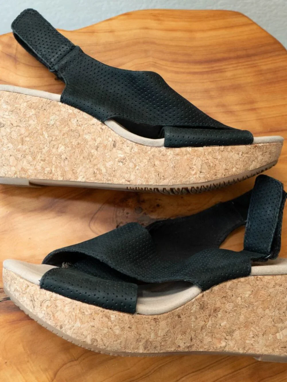 Clarks Annadel Parker Black Open Toe Cork Wedge Sandals Comfort Shoes Sz 9